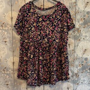white birch Black Floral Short-Sleeve Peplum Tunic - Pink & Yellow Flowers